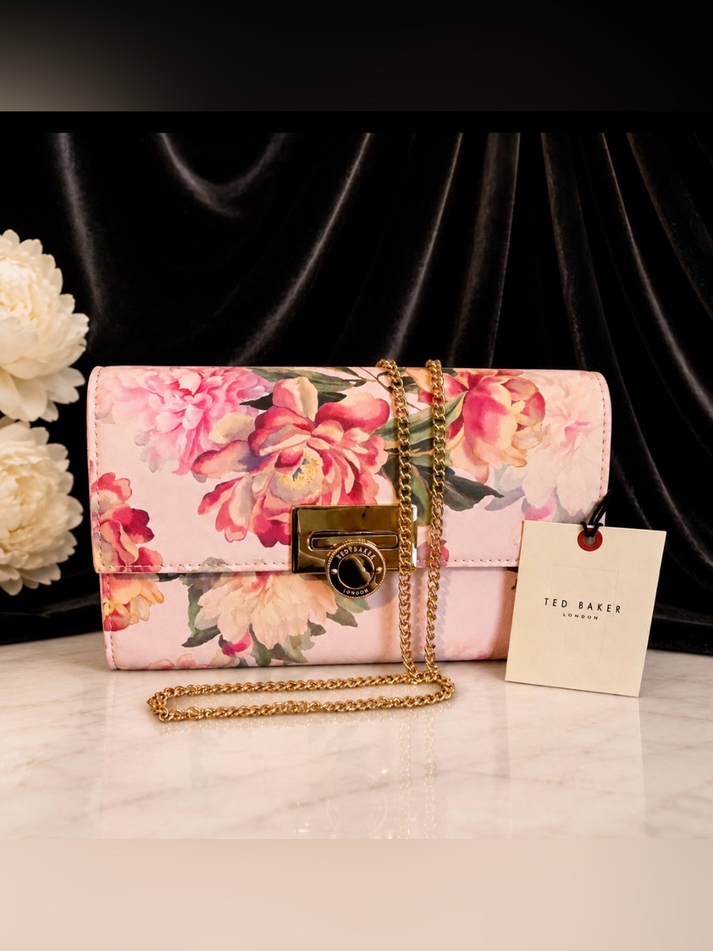 Ted Baker Pink Floral Chain Crossbody Bag with Gold Hardware